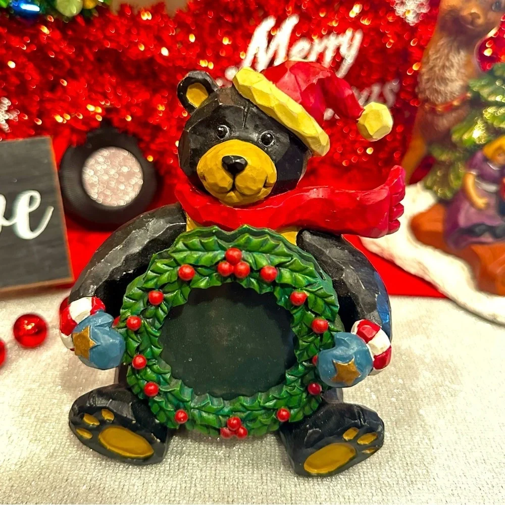 Santa Black Bear Christmas‎ Wreath Holiday Picture Frame